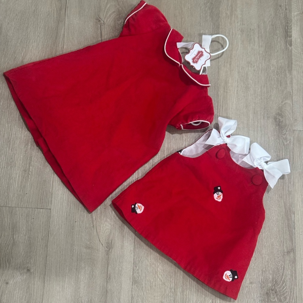 Mud Pie Festive Red Kids Dresses with Snowman Accents